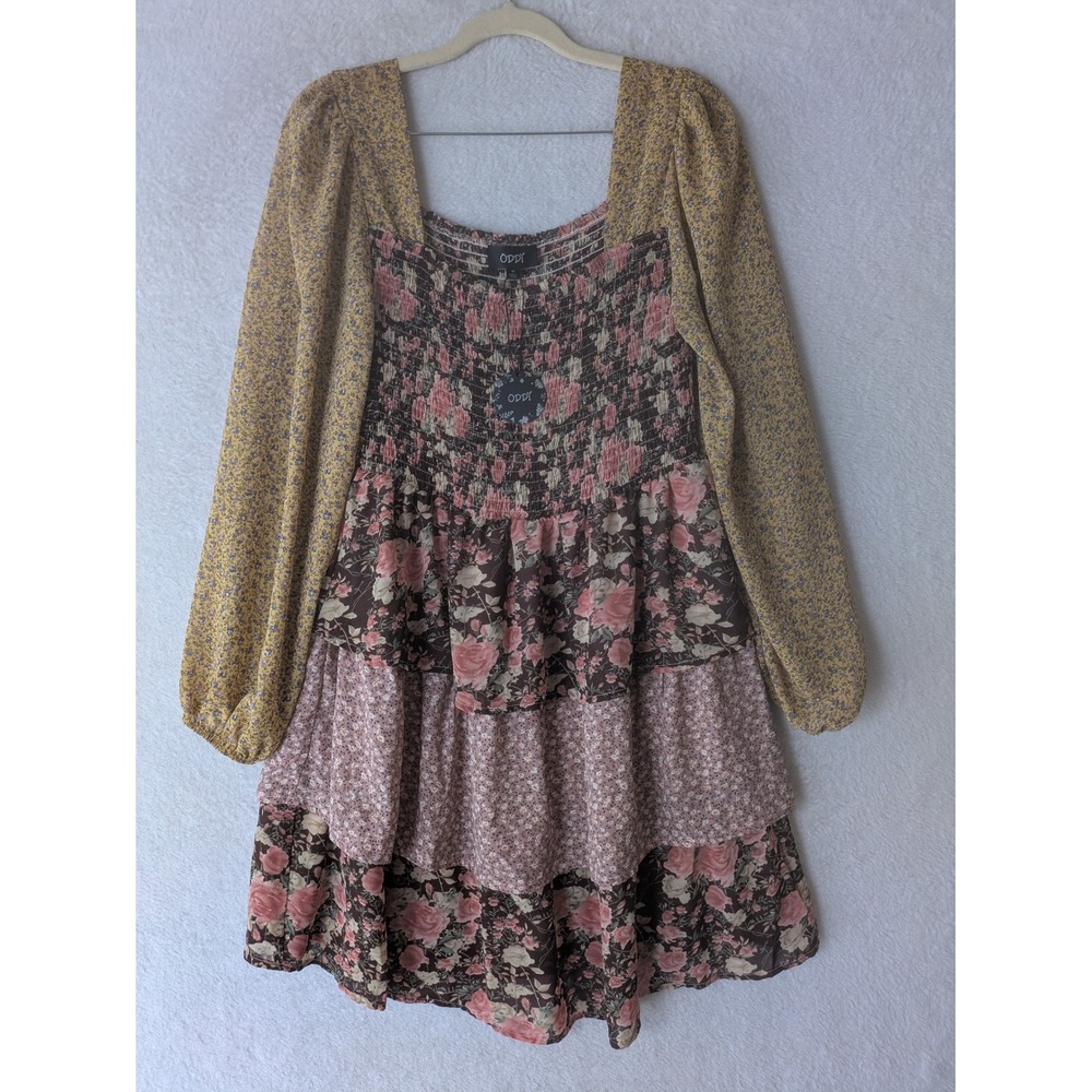 NEW ODDI Dress Junior's M Brown Mixed Floral Smocked Tiered Puff Sleeve